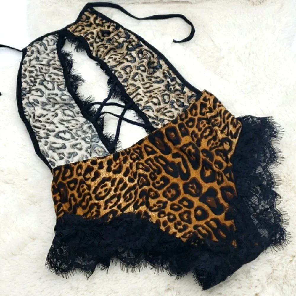 Deep V-plunge neckline Lace Leopard Teddy Lingerie